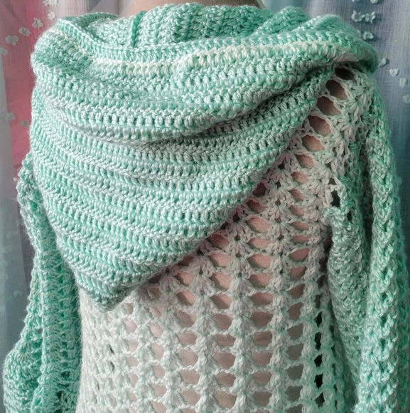 SOLD Handmade Crochet Lace Pineapple Stitch Fairy Hooded Jacket Cardigan Blue - Picture 2 of 5